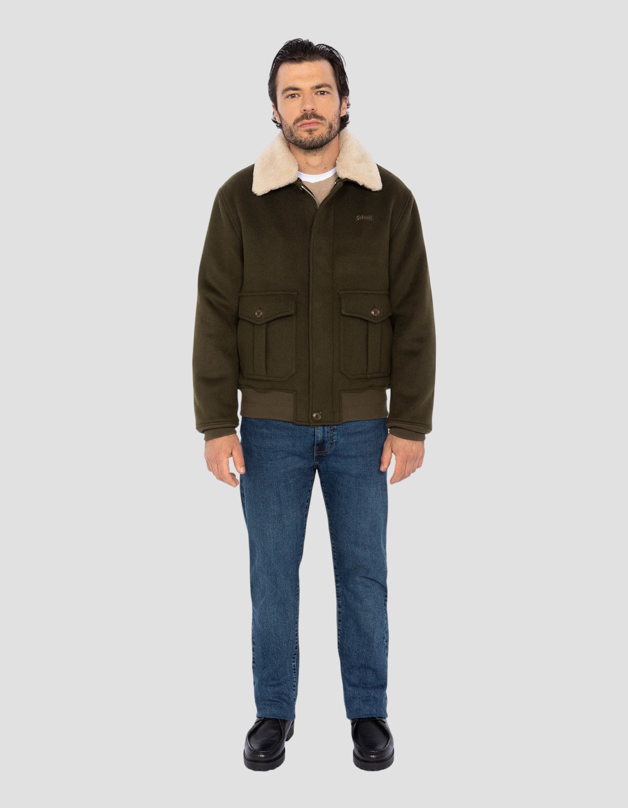 Blouson pilote kaki en laine mélangée-1