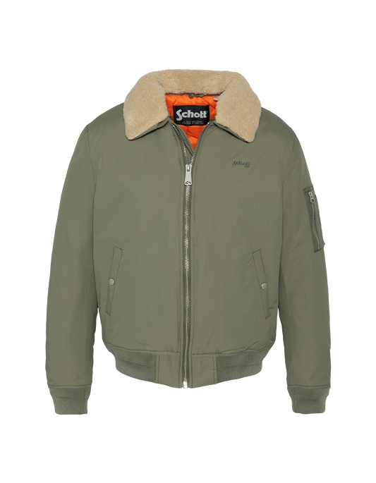 スノーボード LOGO QUILTING COLLAR JACKET KHAKI Khaki jacket with removable Sherpa collar - Oklahoma | Schott NYC®