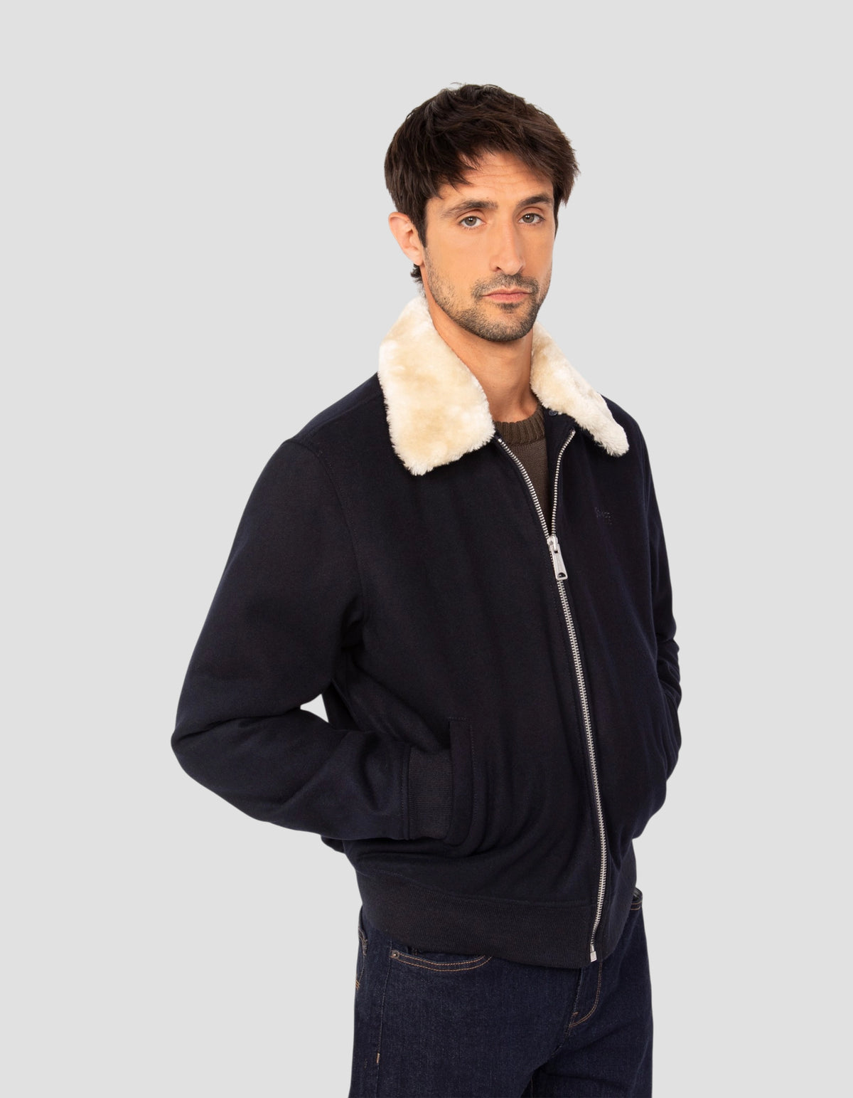 Marineblaue Pilotenjacke aus Wollmischung-4