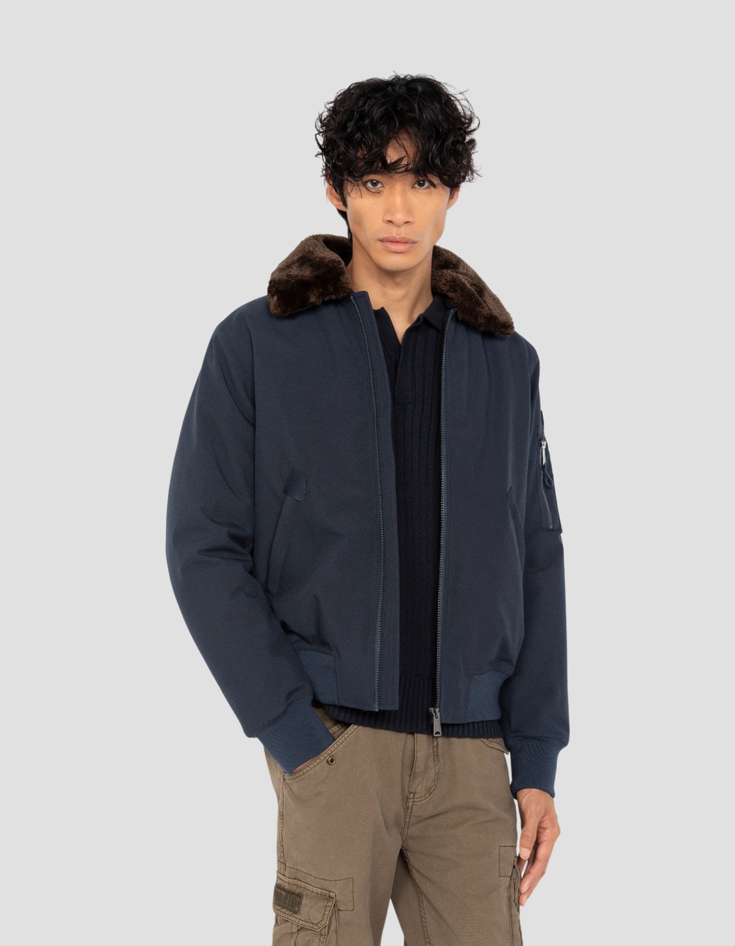 Blouson pilote bleu marine et marron