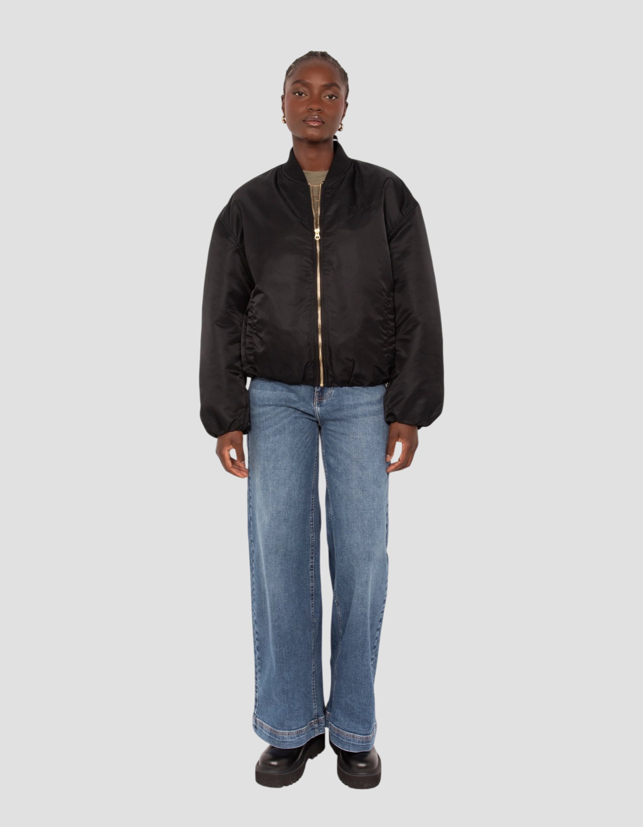 Kurze schwarze Bomberjacke, übergroßer Schnitt-1