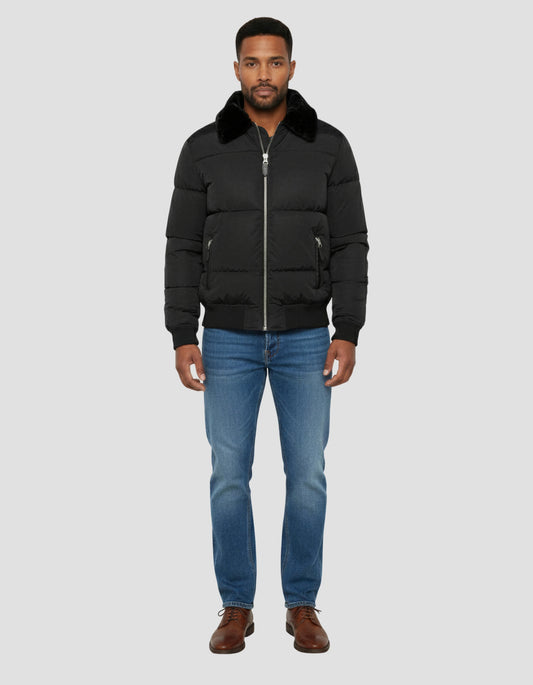 Giacca nera down con collare rimovibile in pelliccia