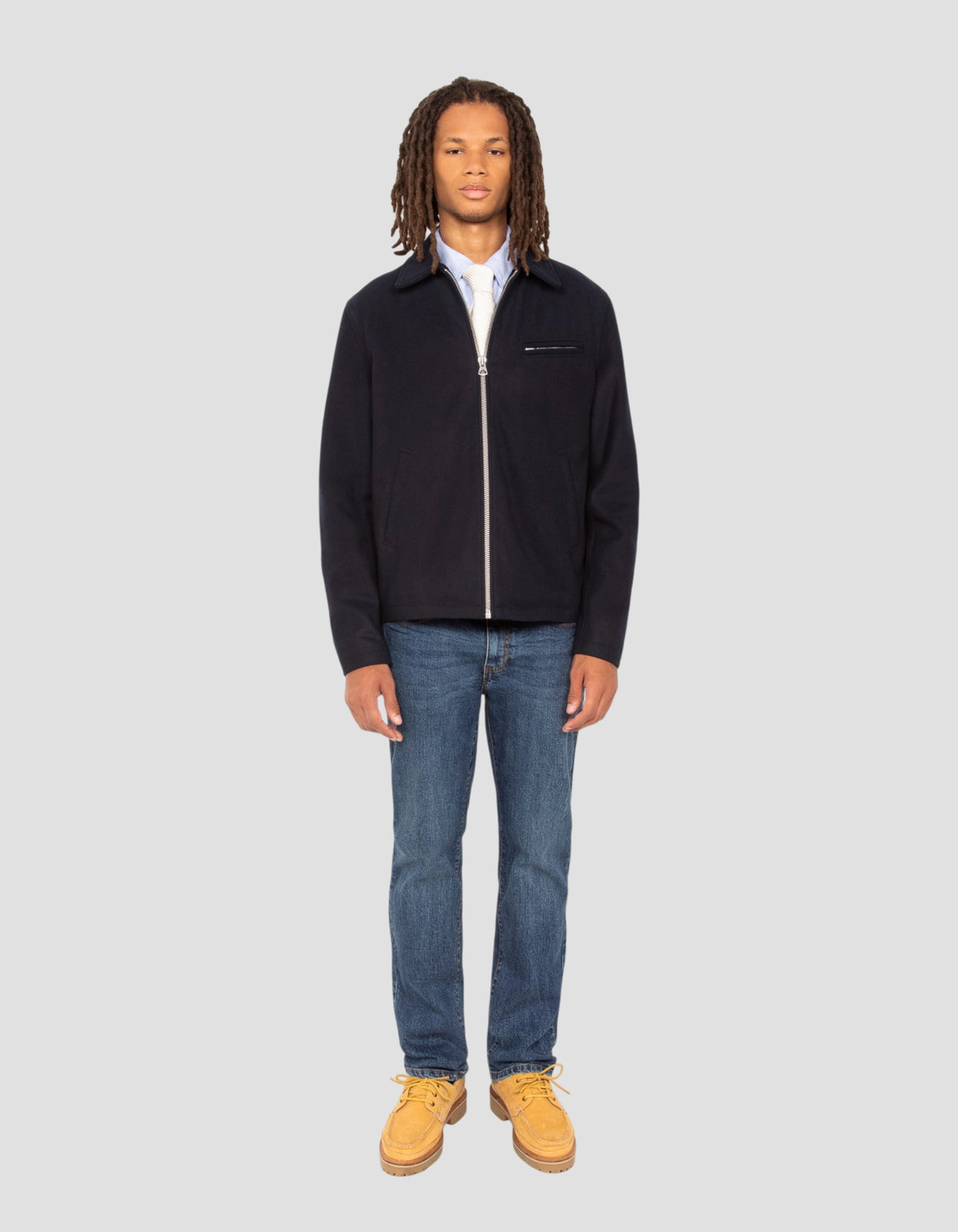 Blouson casual bleu marine en laine mélangée-1