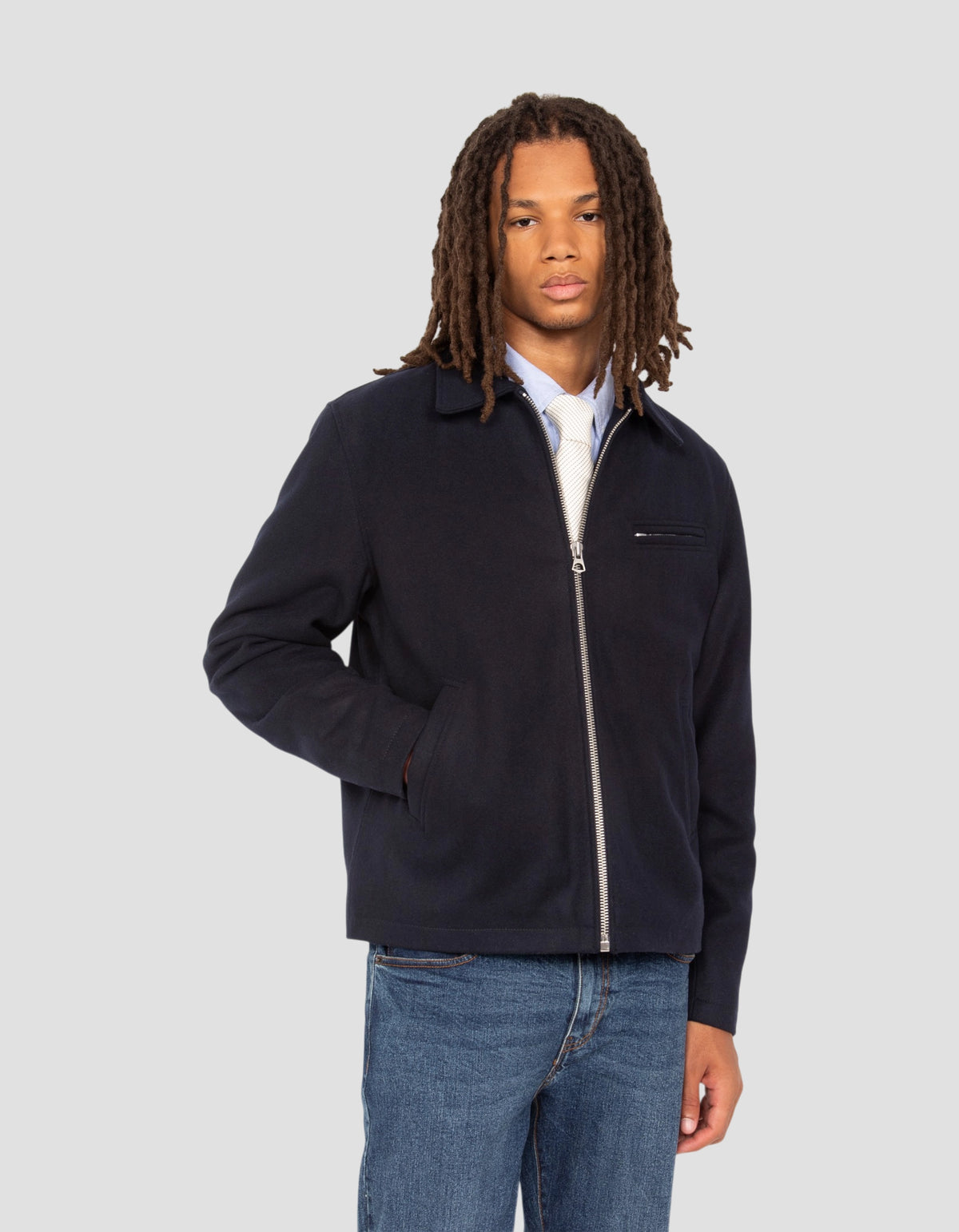 Blouson casual bleu marine en laine mélangée
