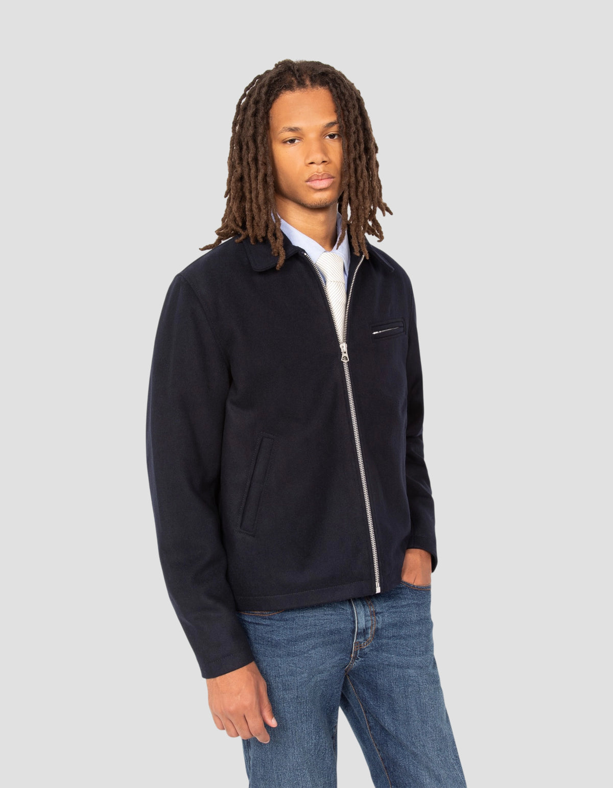 Blouson casual bleu marine en laine mélangée-4