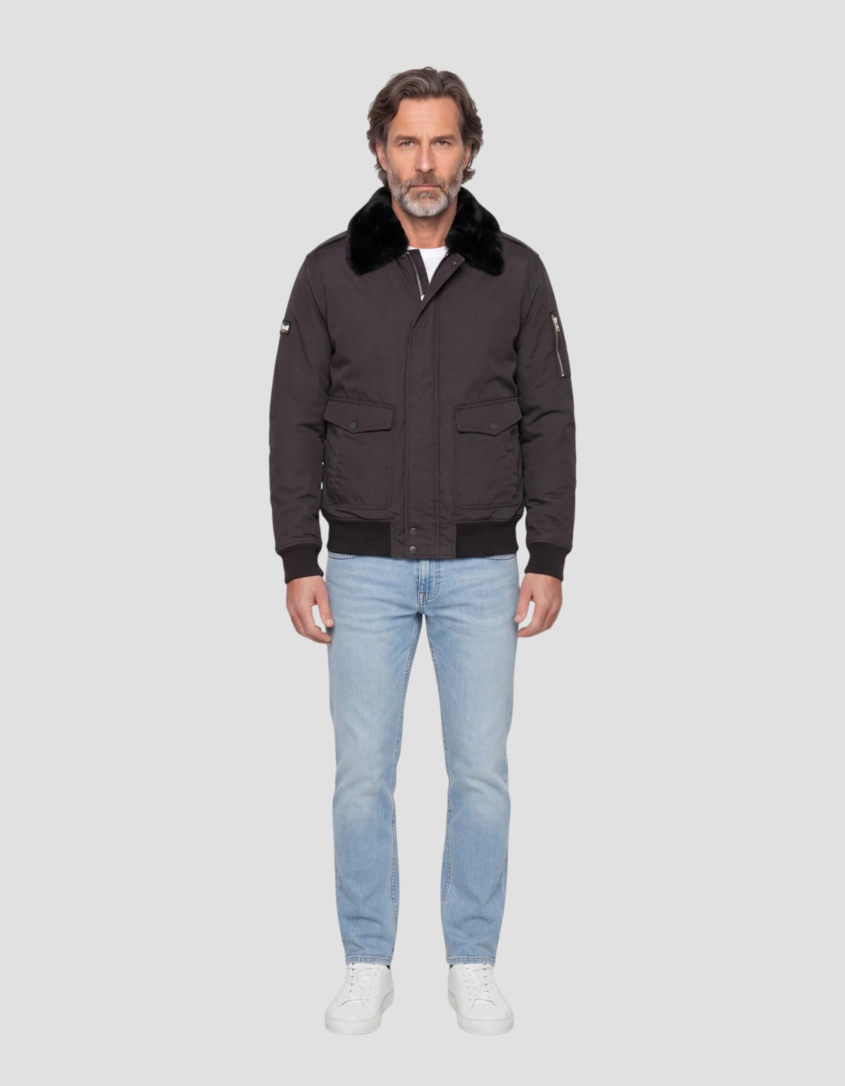 Blouson pilote noir avec col imitation fausse fourrure amovible-1