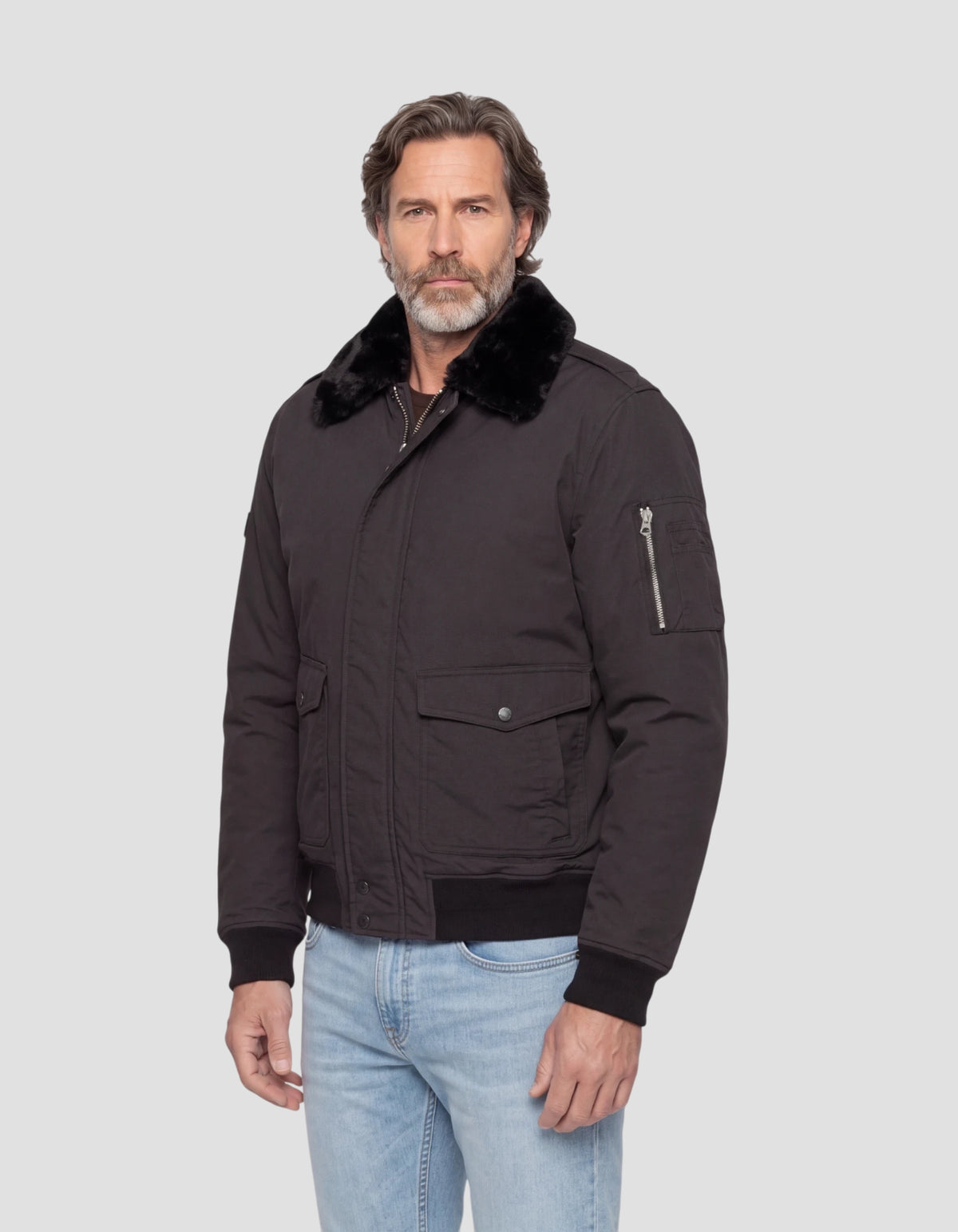 Blouson pilote noir avec col imitation fausse fourrure amovible-3
