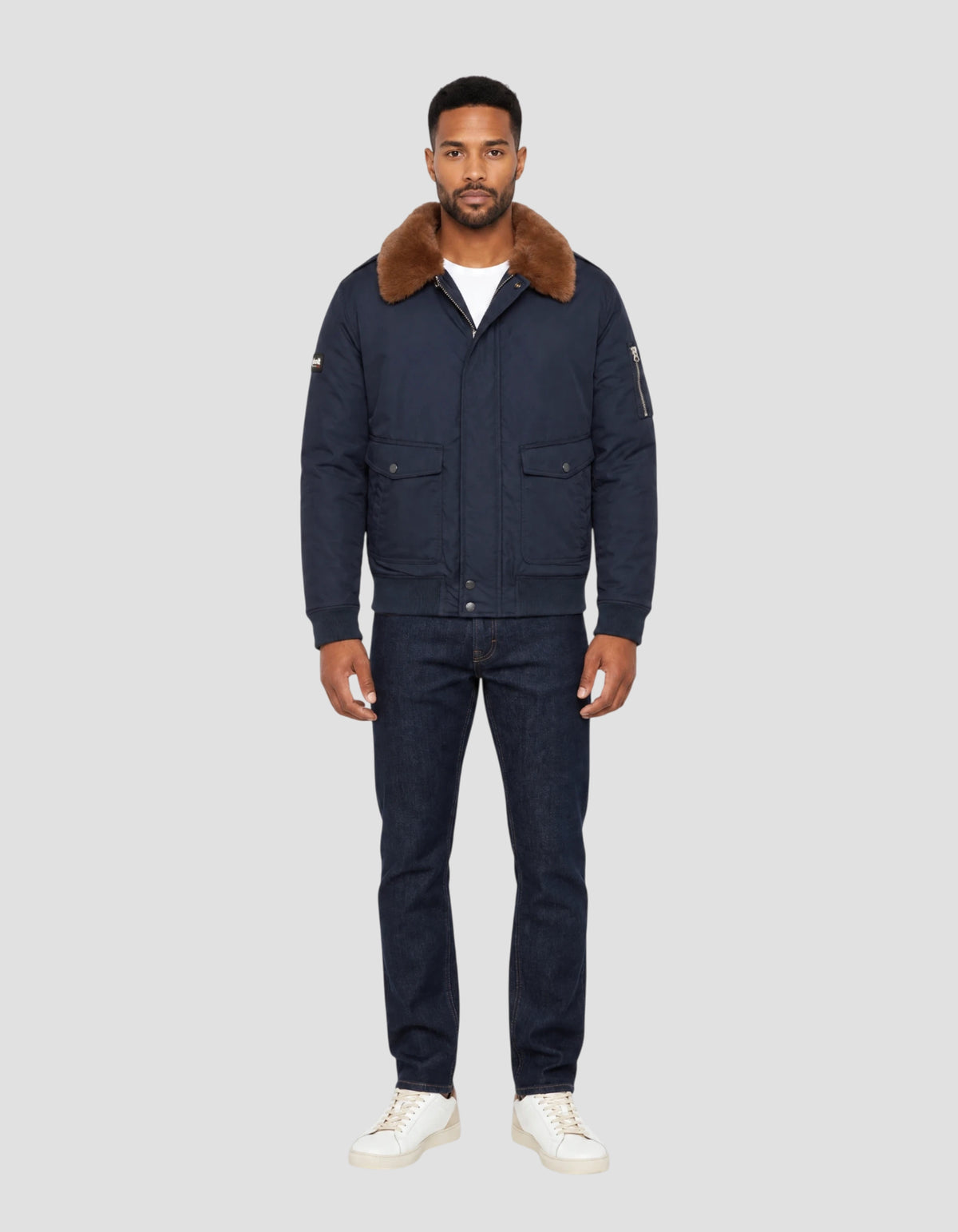 Blouson pilote bleu marine avec col imitation fausse fourrure amovible