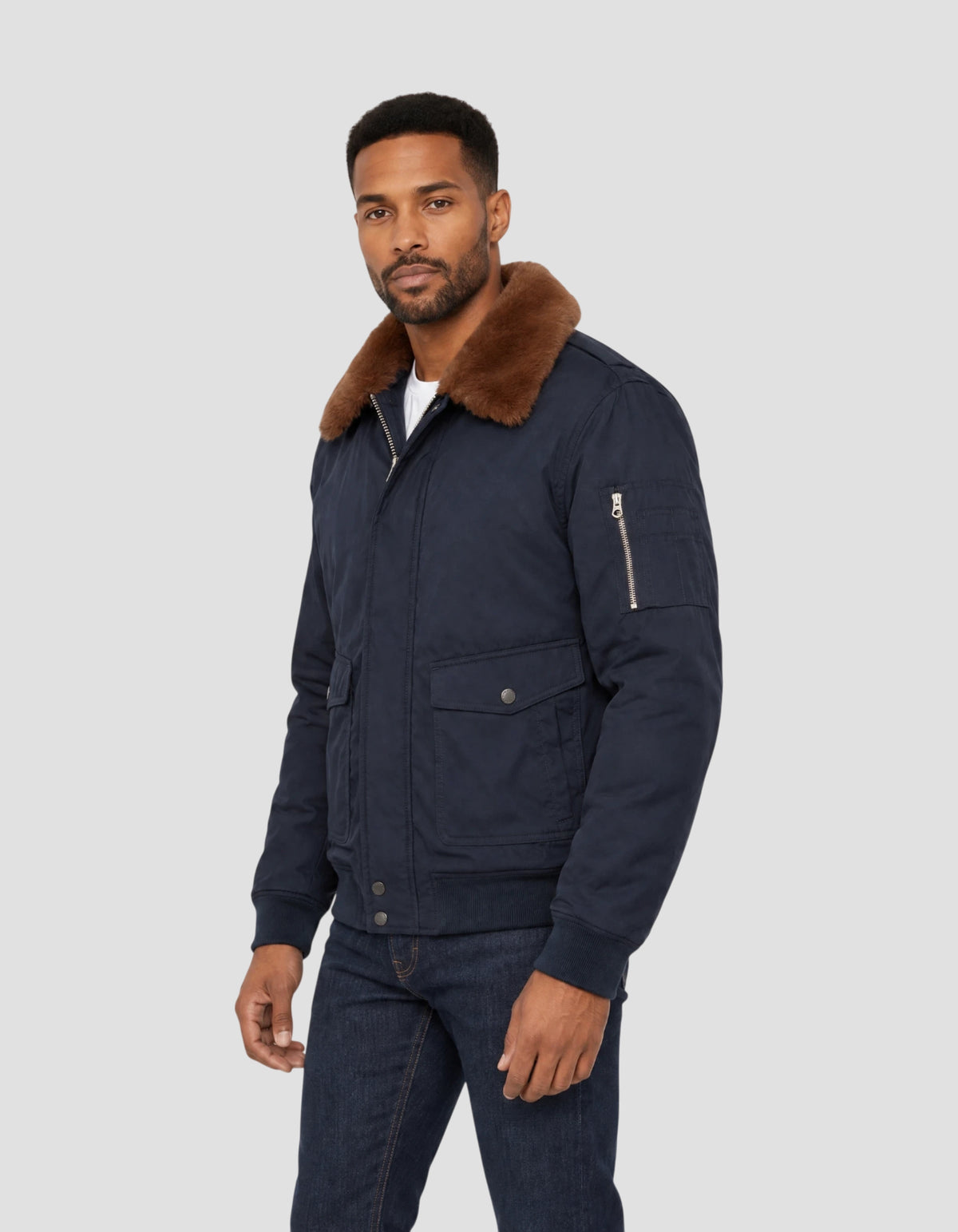 Blouson pilote bleu marine avec col imitation fausse fourrure amovible-3