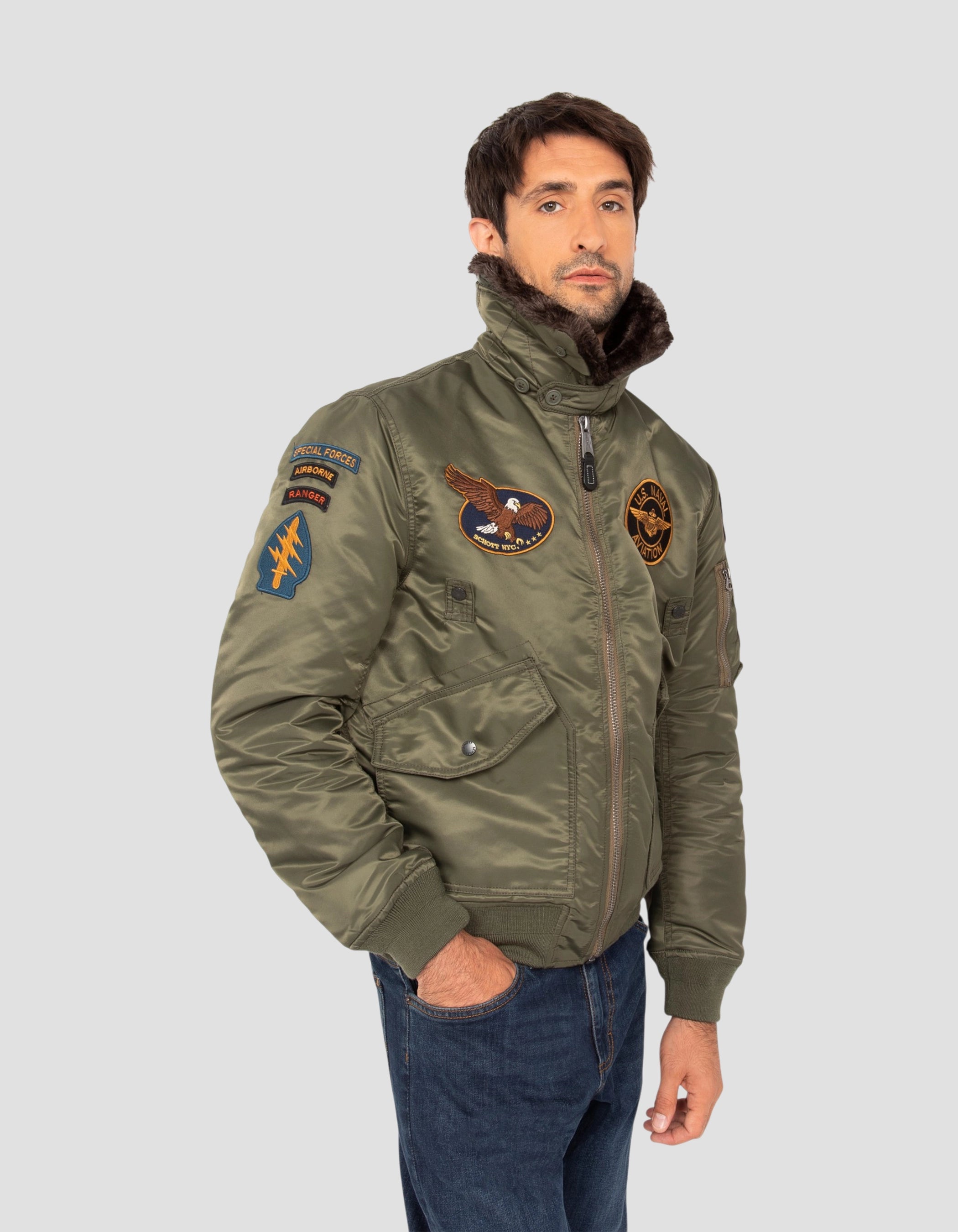 Khakifarbene Pilotenjacke mit Armeeabzeichen-4