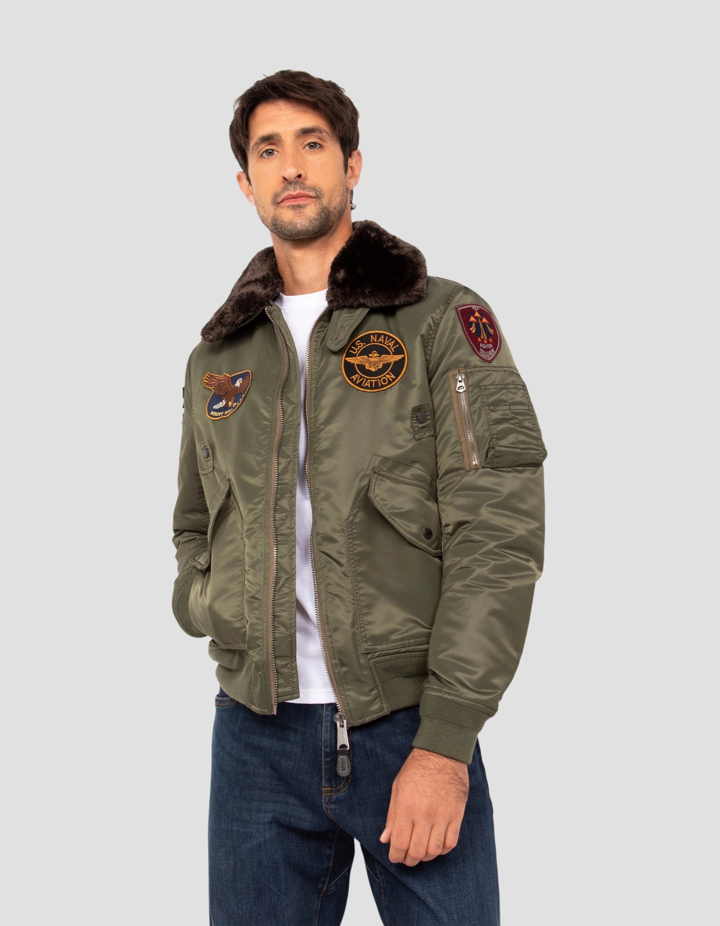Khakifarbene Pilotenjacke mit Armeeabzeichen
