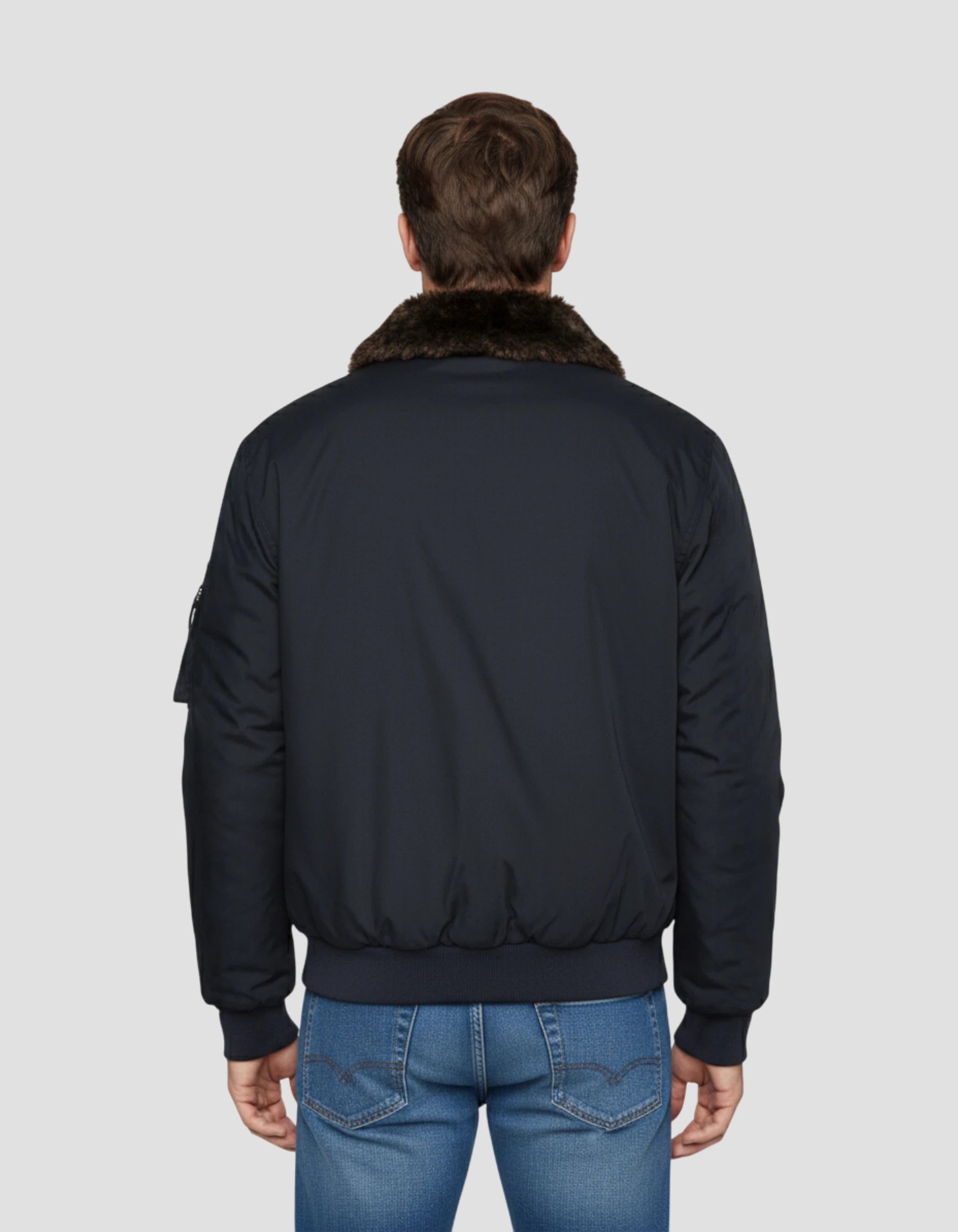 Giacca blu navy con collare in finta pelliccia rimovibile-4