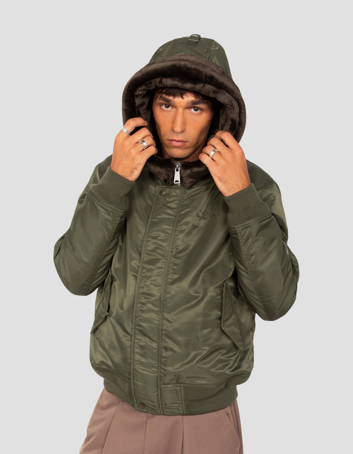 Bomber à capuche army kaki doublée fausse fourrure