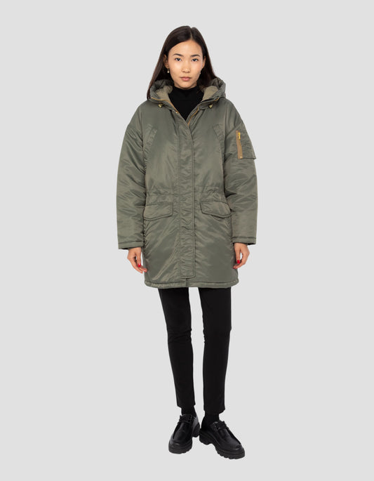 Sage khaki hooded parka, oversize cup