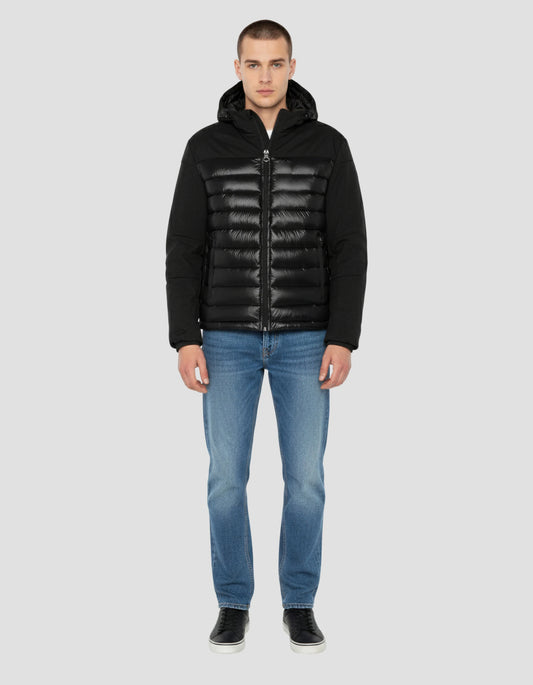 Black down jacket with removable faux fur collar