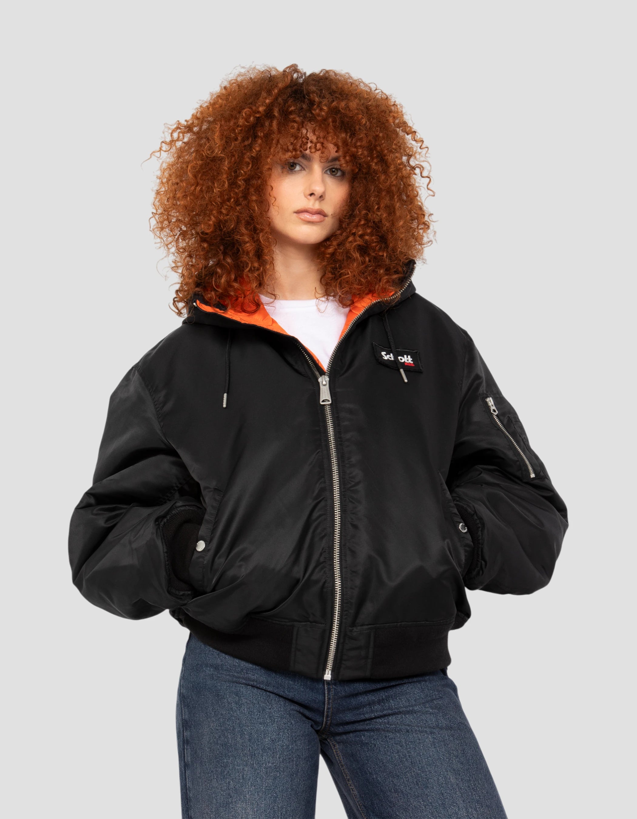 Black bomber jacket type n2b hood with integrated backpack Black bomber jacket type n2b hood with integrated backpack