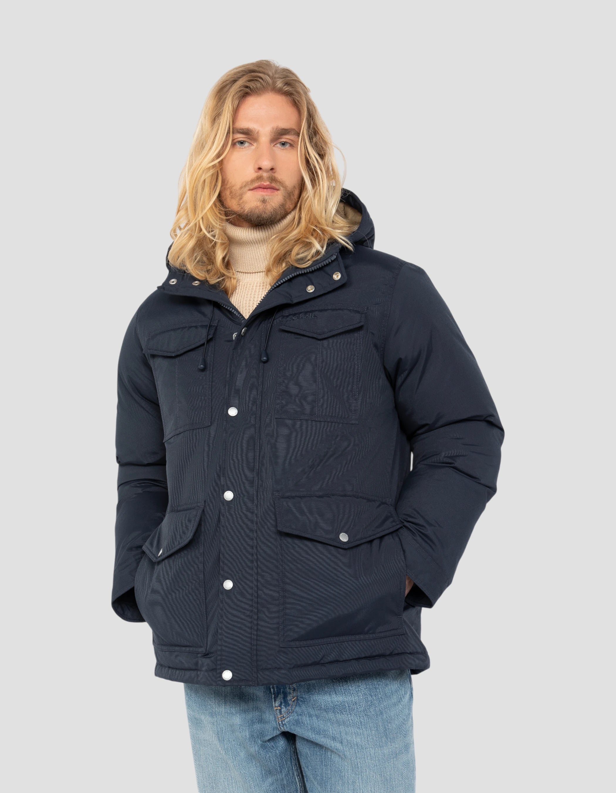 Navy Parka Multipoches con felpa con cappuccio-3