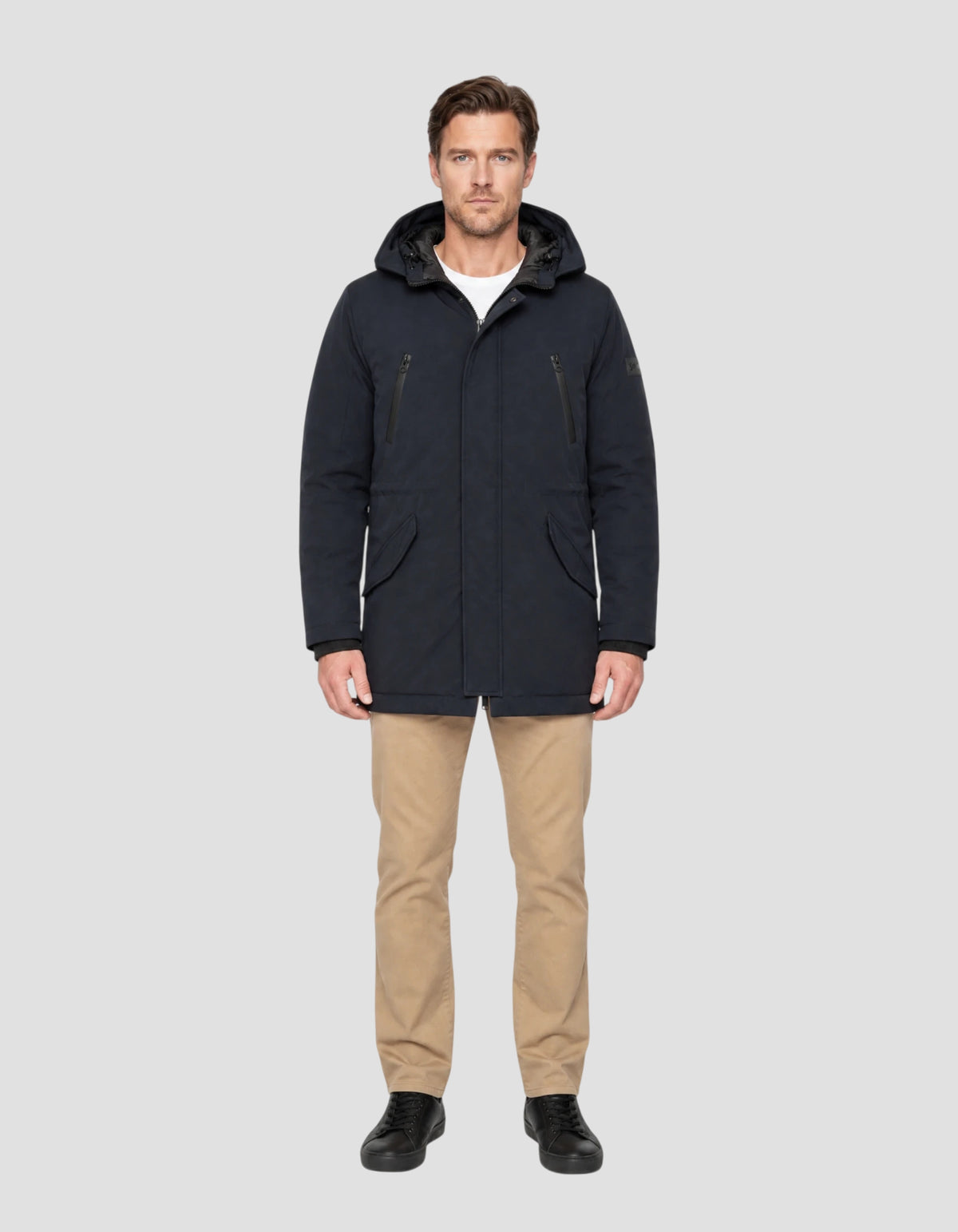 Navy blue hooded parka