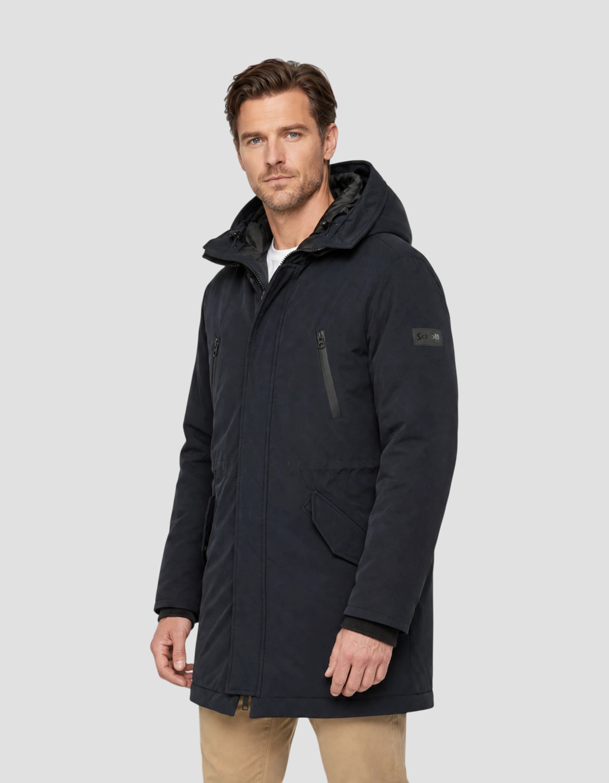 Navy blue hooded parka