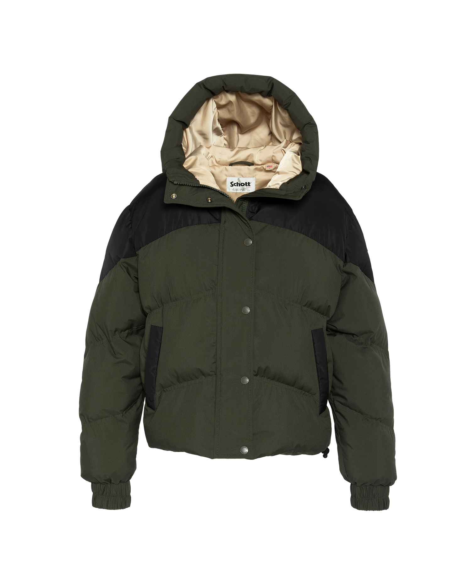 Kurze Khaki und schwarze kurze Jacke mit Kapuze