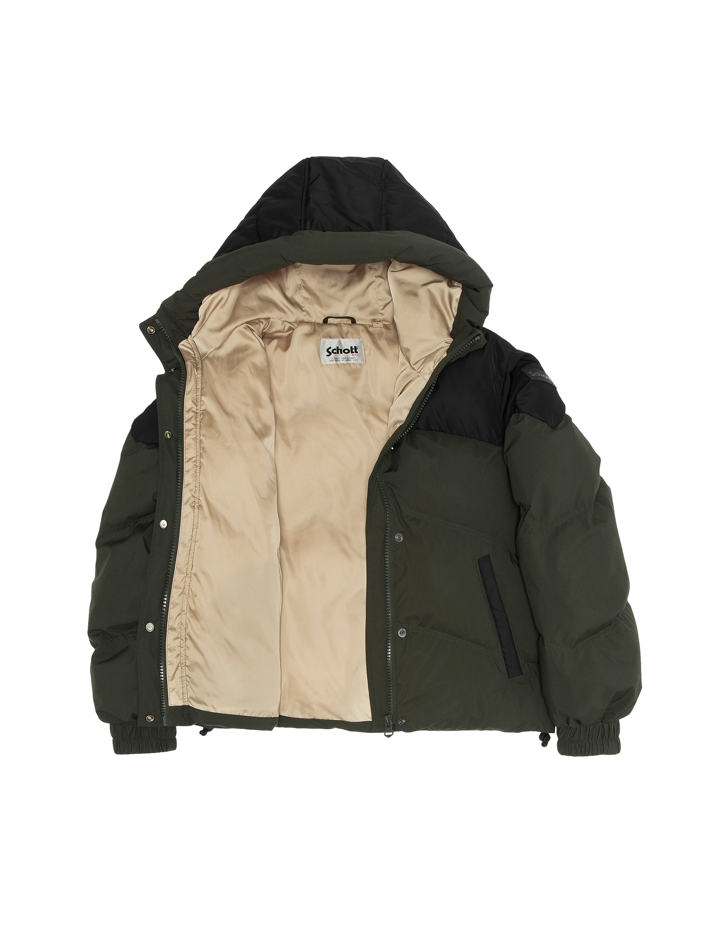 Kurze Khaki und schwarze kurze Jacke mit Kapuze