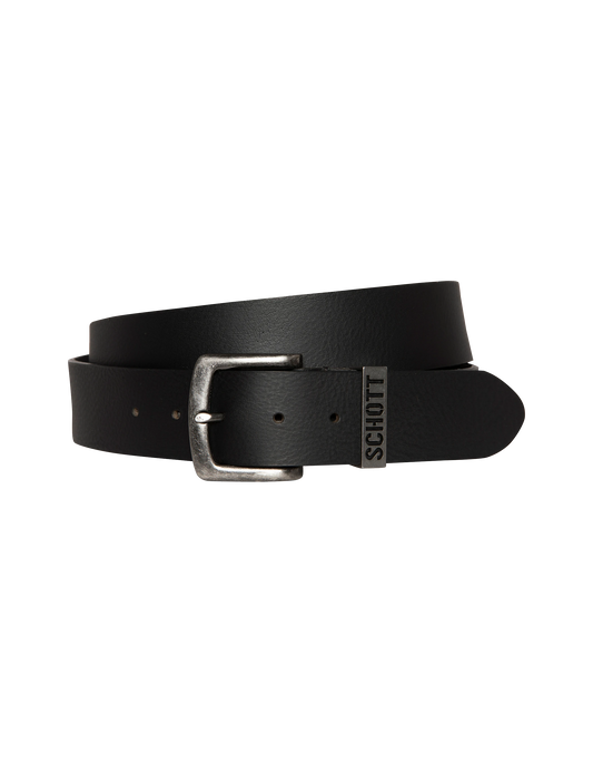 Ceinture noire vintage avec boucle métallique perforée, cuir de vachette