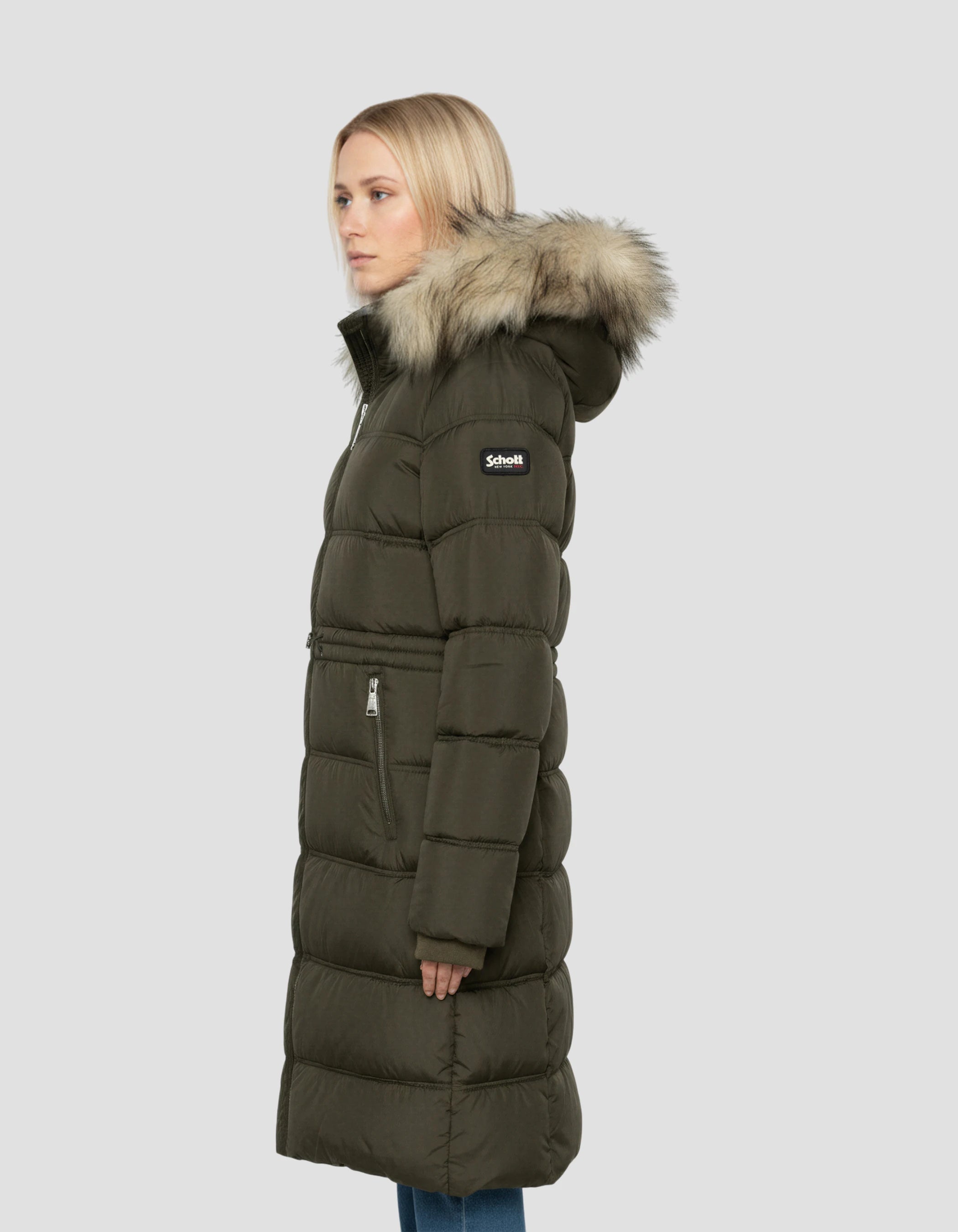 Khaki -Jacke mit abnehmbarem Kunstpelzkragen-3