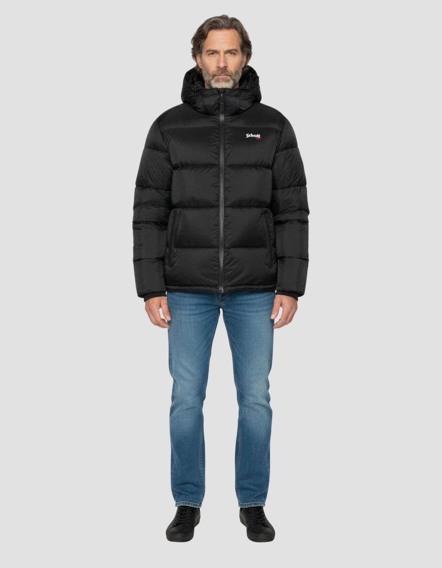 Schwarze Down -Jacke mit abnehmbarem Kunstpelzkragen