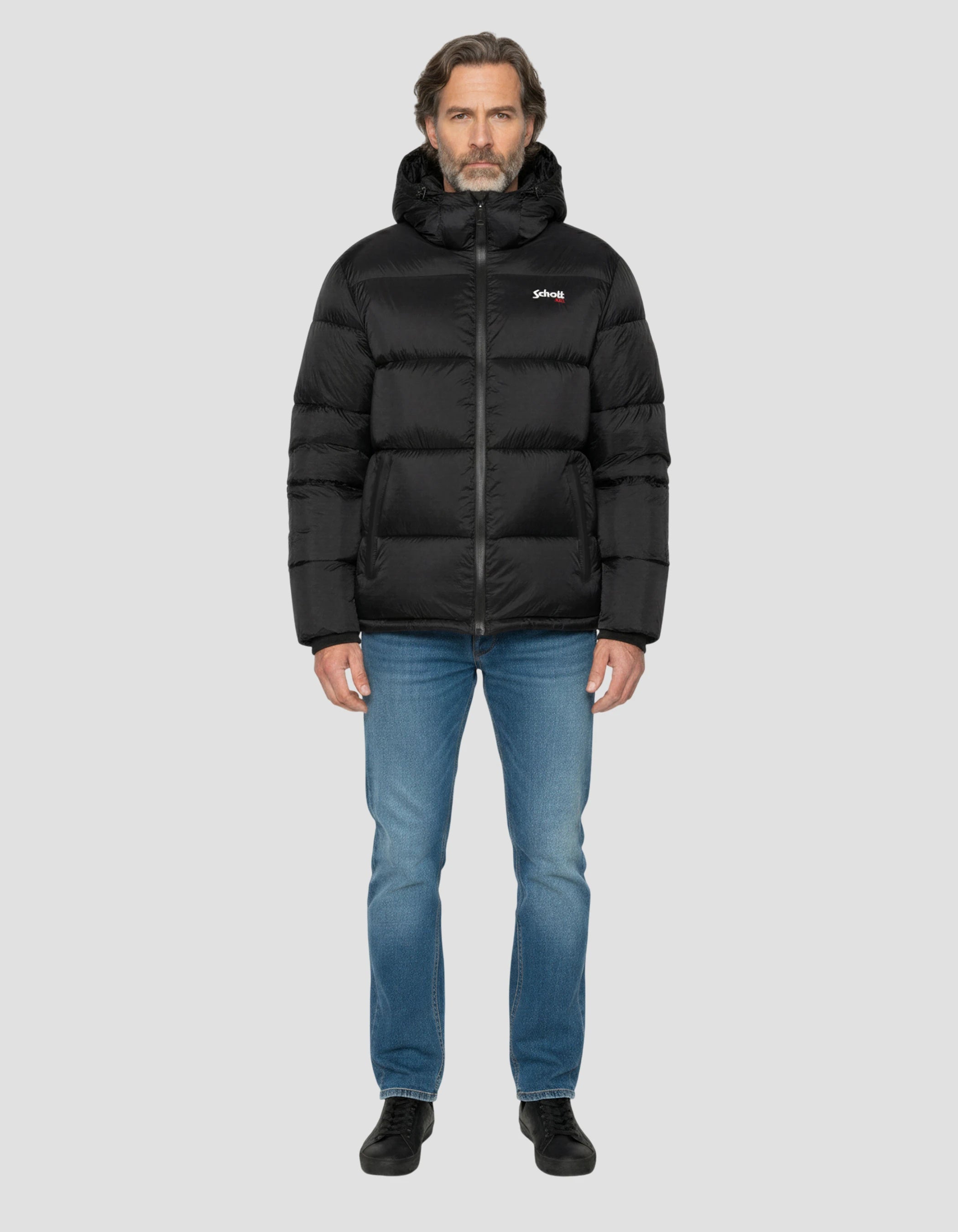 Schwarze Down -Jacke mit abnehmbarem Kunstpelzkragen-1