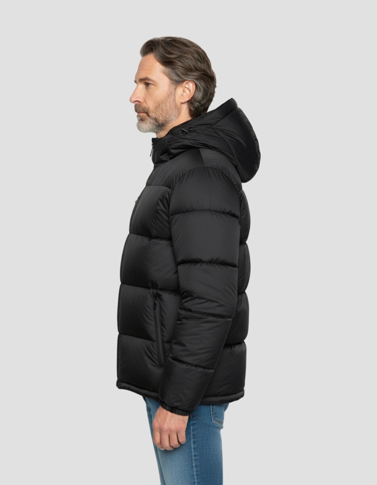 Schwarze Down -Jacke mit abnehmbarem Kunstpelzkragen