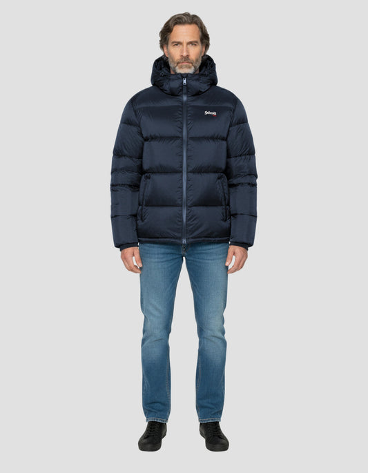 Navy blue down jacket with removable faux fur collar