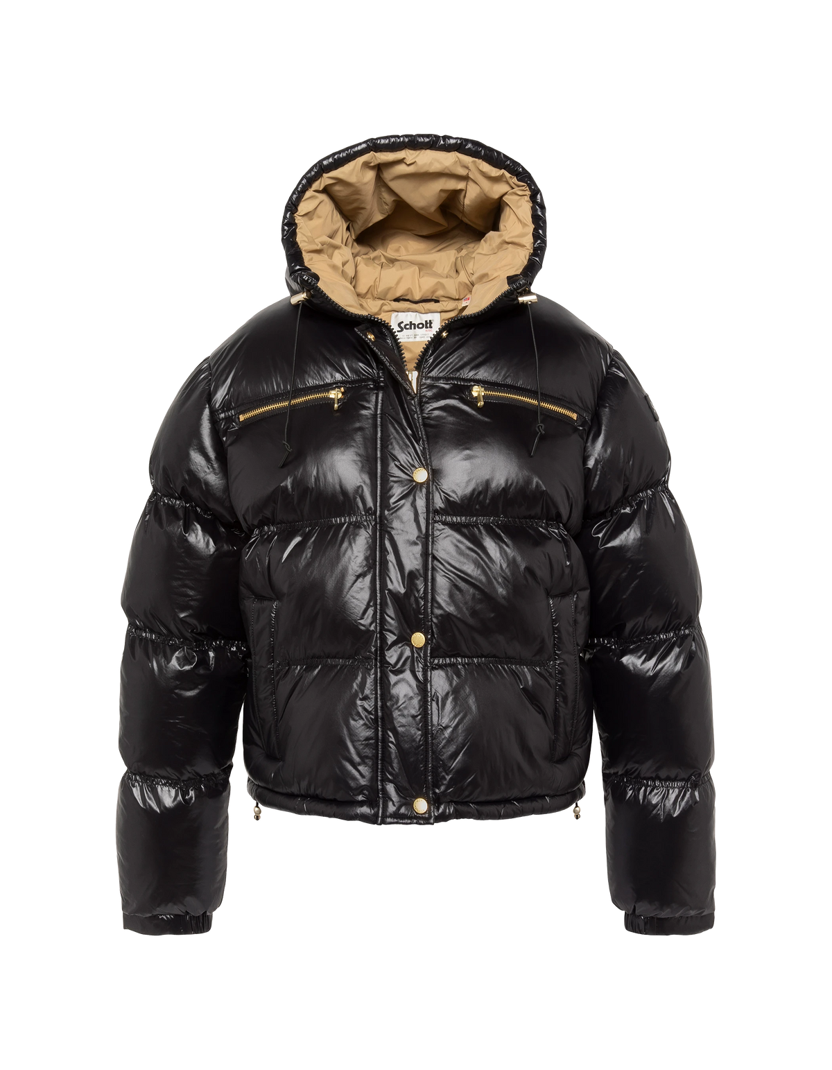 Doudoune courte à capuche noire en nylon brillant-2