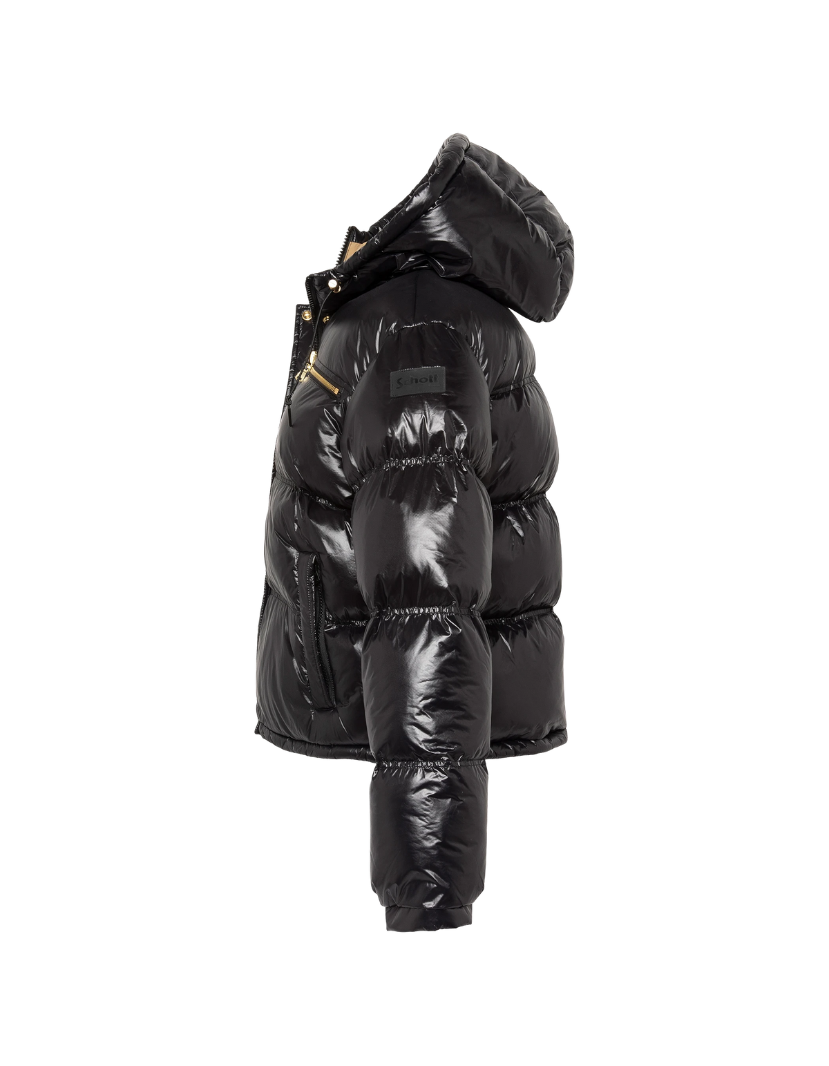 Doudoune courte à capuche noire en nylon brillant
