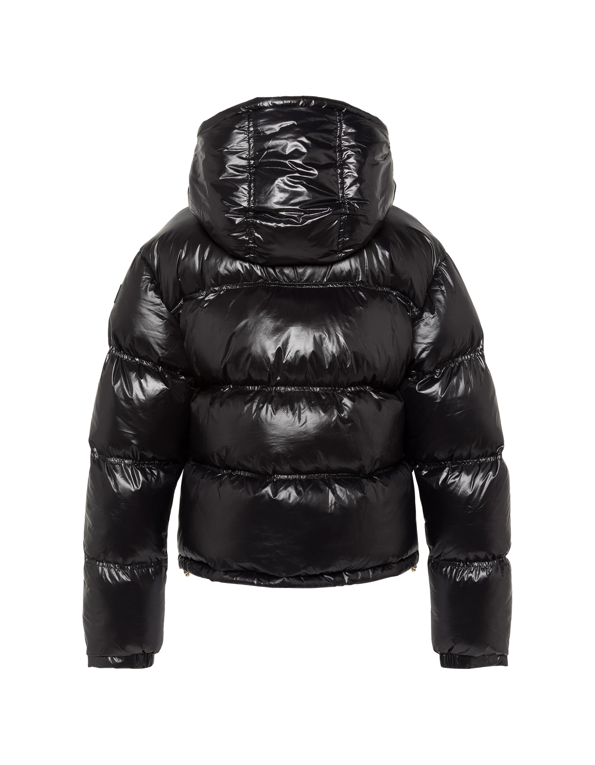 Doudoune courte à capuche noire en nylon brillant