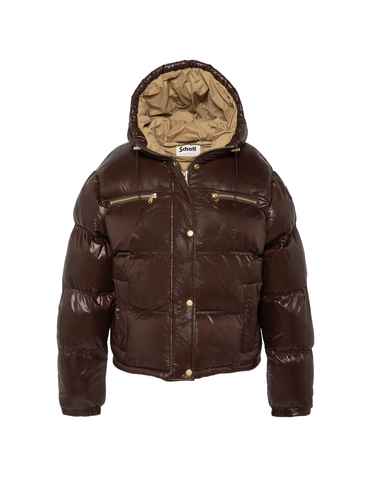 Doudoune courte à capuche marron foncé en nylon brillant