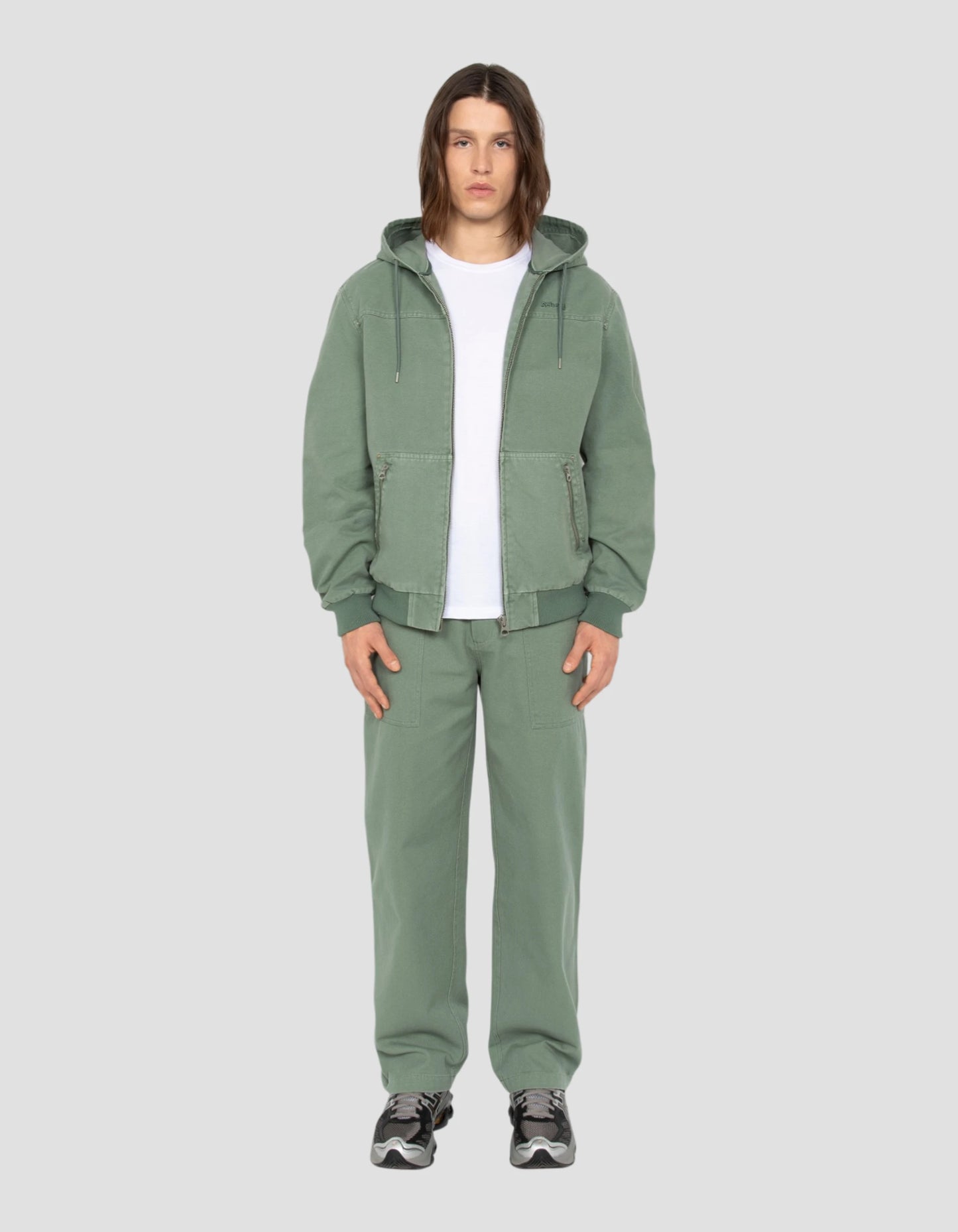 Green canvas worker jacket with hood