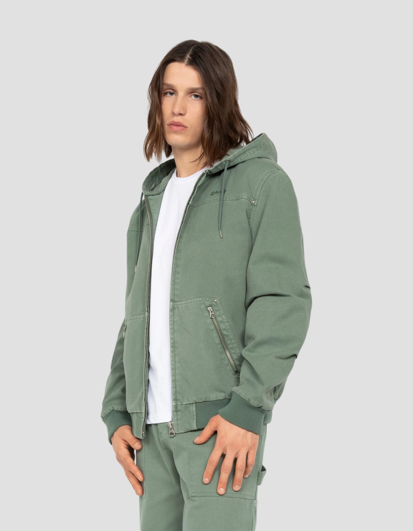Green canvas worker jacket with hood