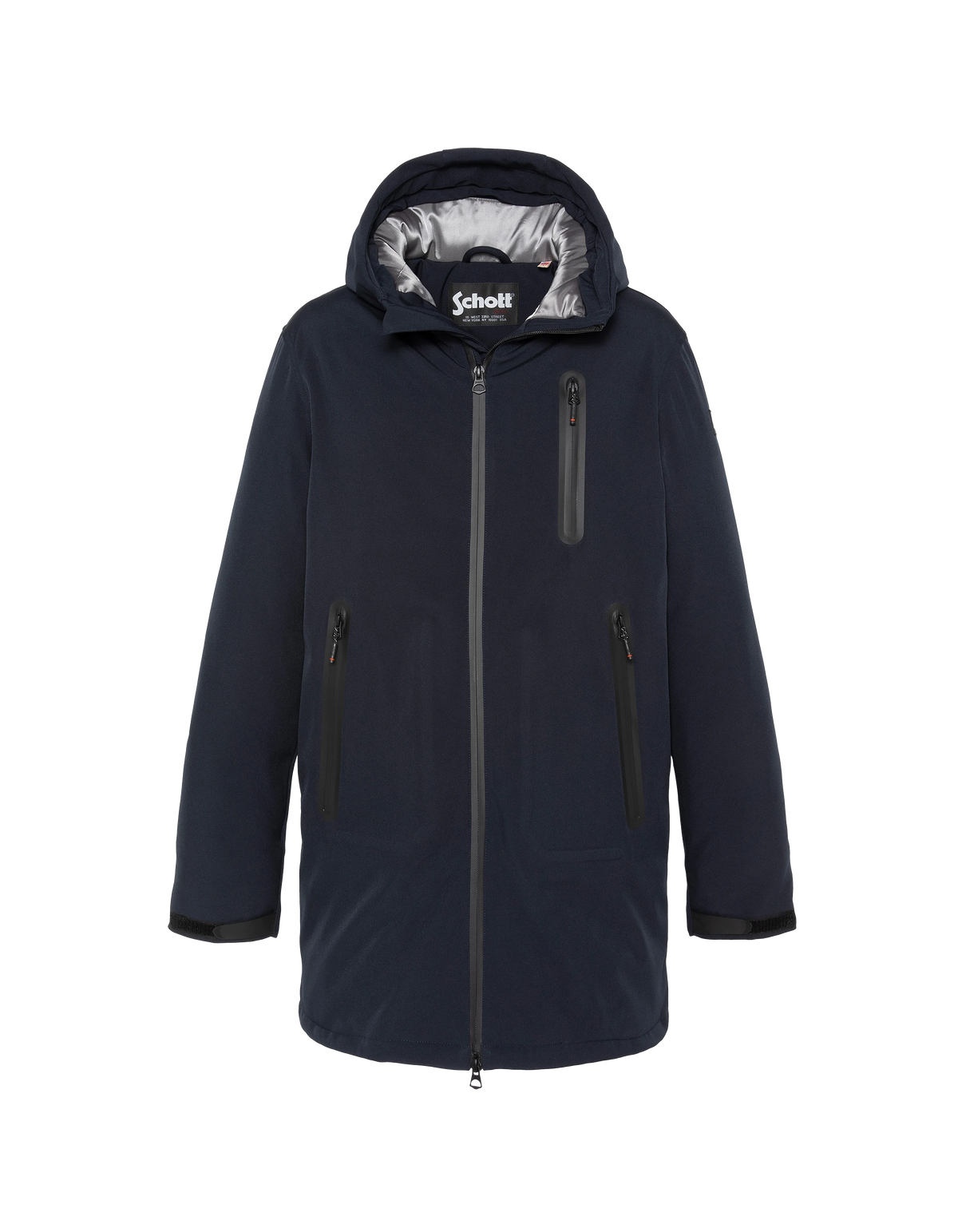 Parka technique longue à capuche bleu marine
