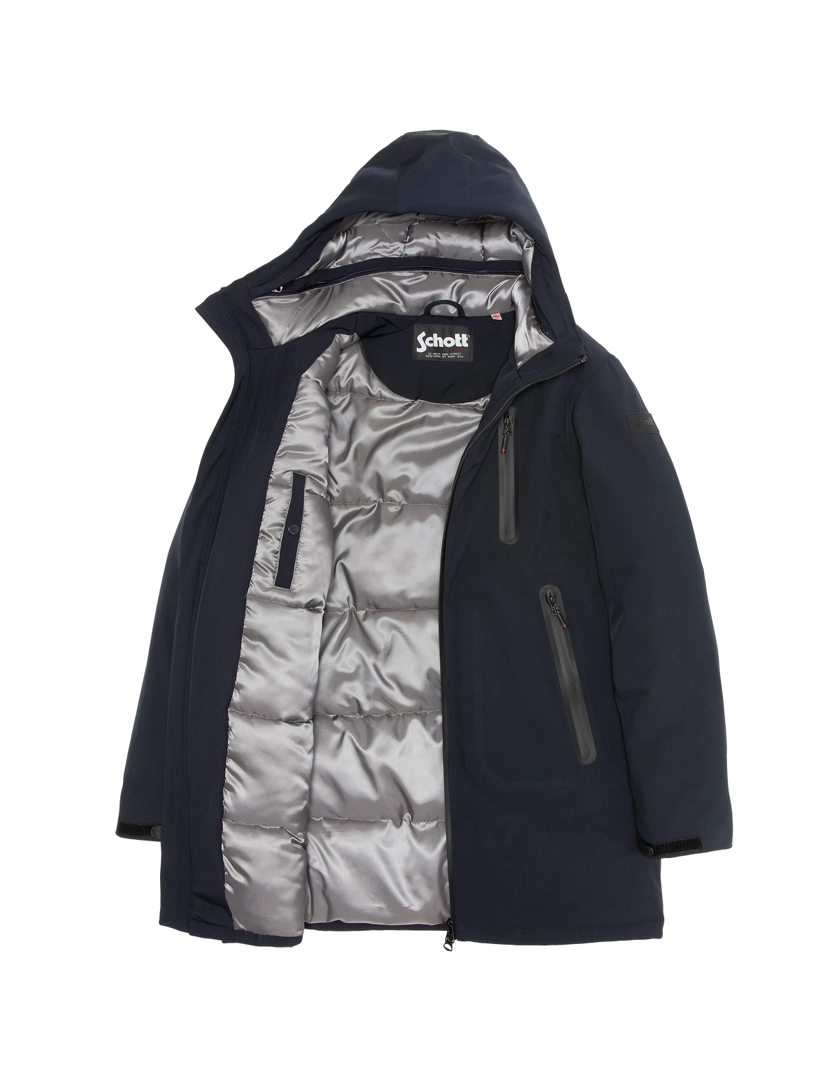 Parka technique longue à capuche bleu marine