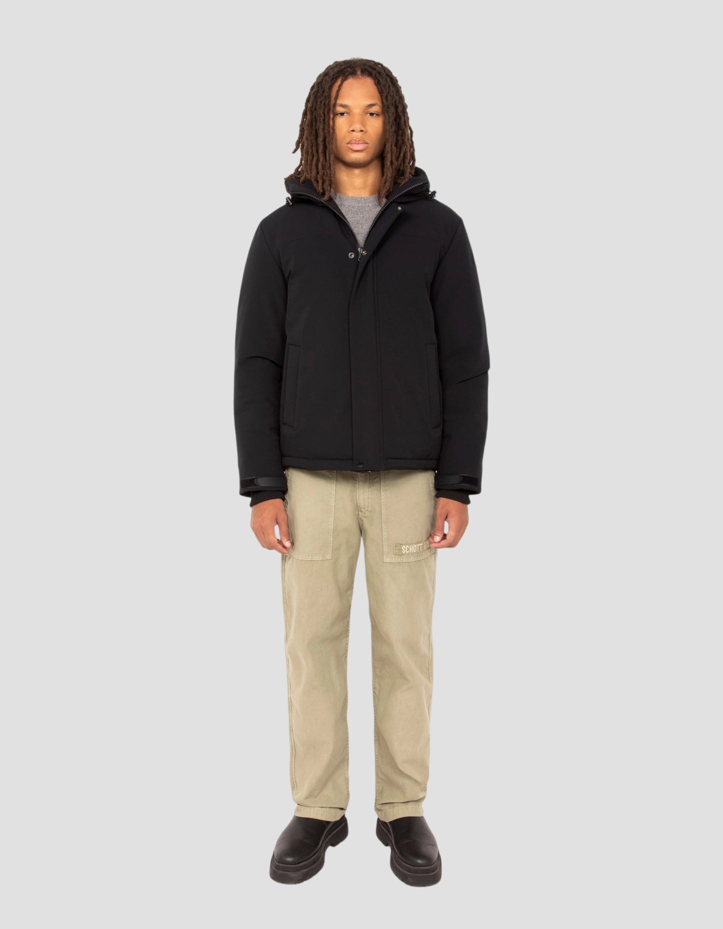 Black technical hooded short jacket