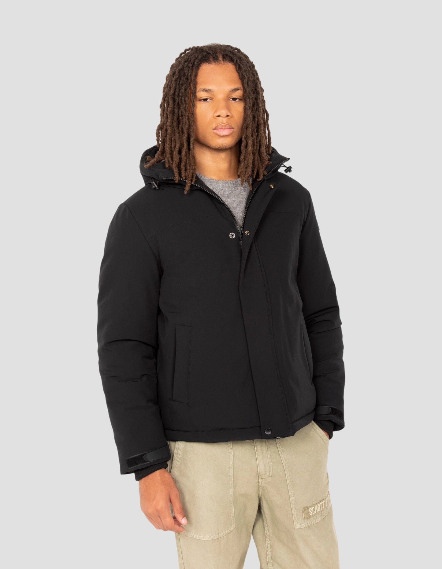 Black technical hooded short jacket