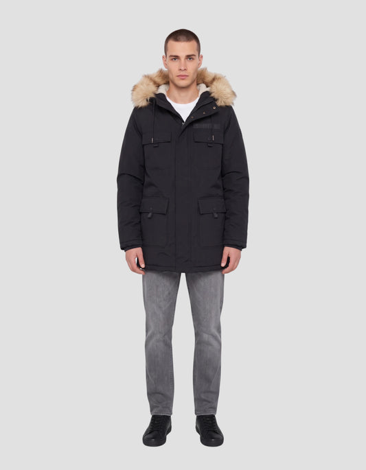Parka blu navy con cappuccio e pelliccia sintetica rimovibile