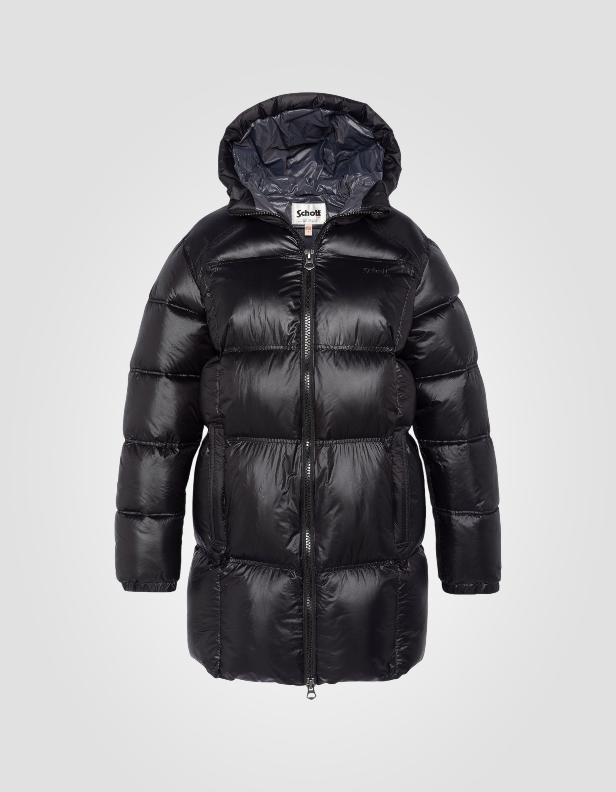 Doudoune noire mi-longue à capuche, effet satiné-2