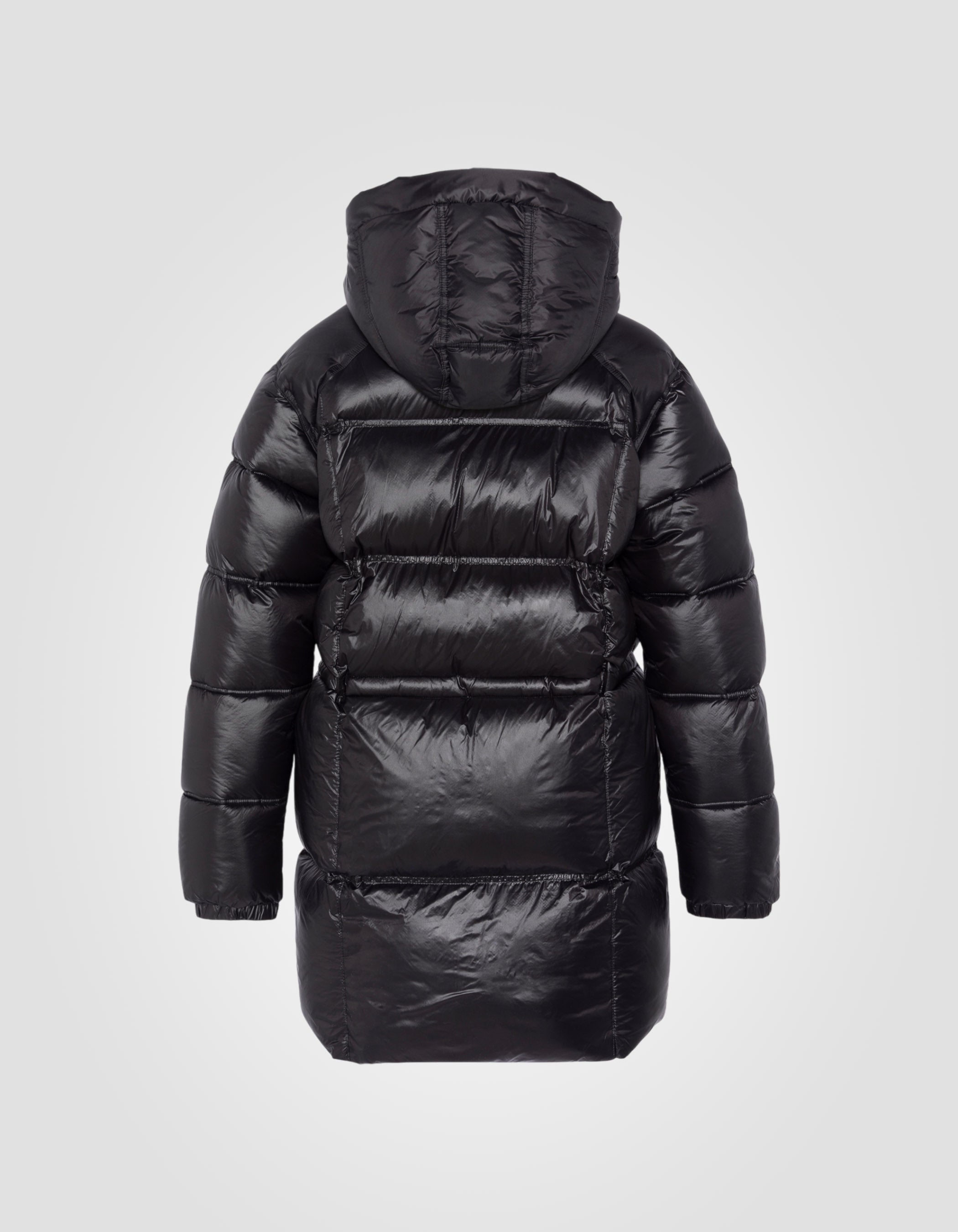 Doudoune noire mi-longue à capuche, effet satiné-7
