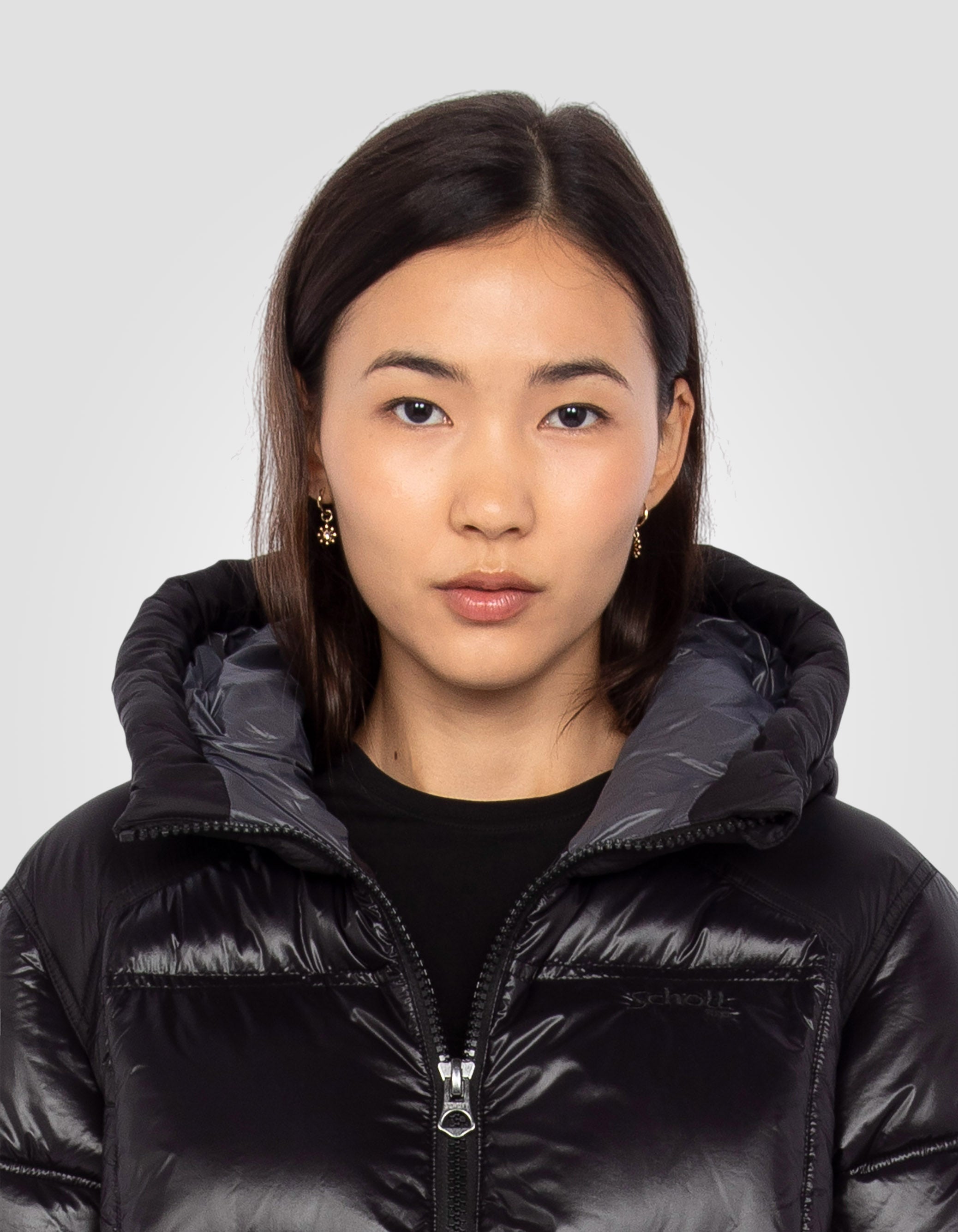 Doudoune noire mi-longue à capuche, effet satiné-5