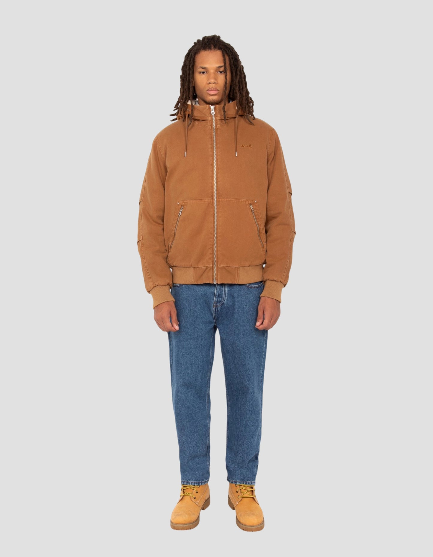 Lined camel hooded canvas worker jacket sherpa