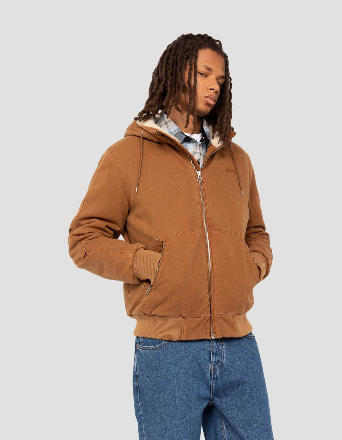 Lined camel hooded canvas worker jacket sherpa-3