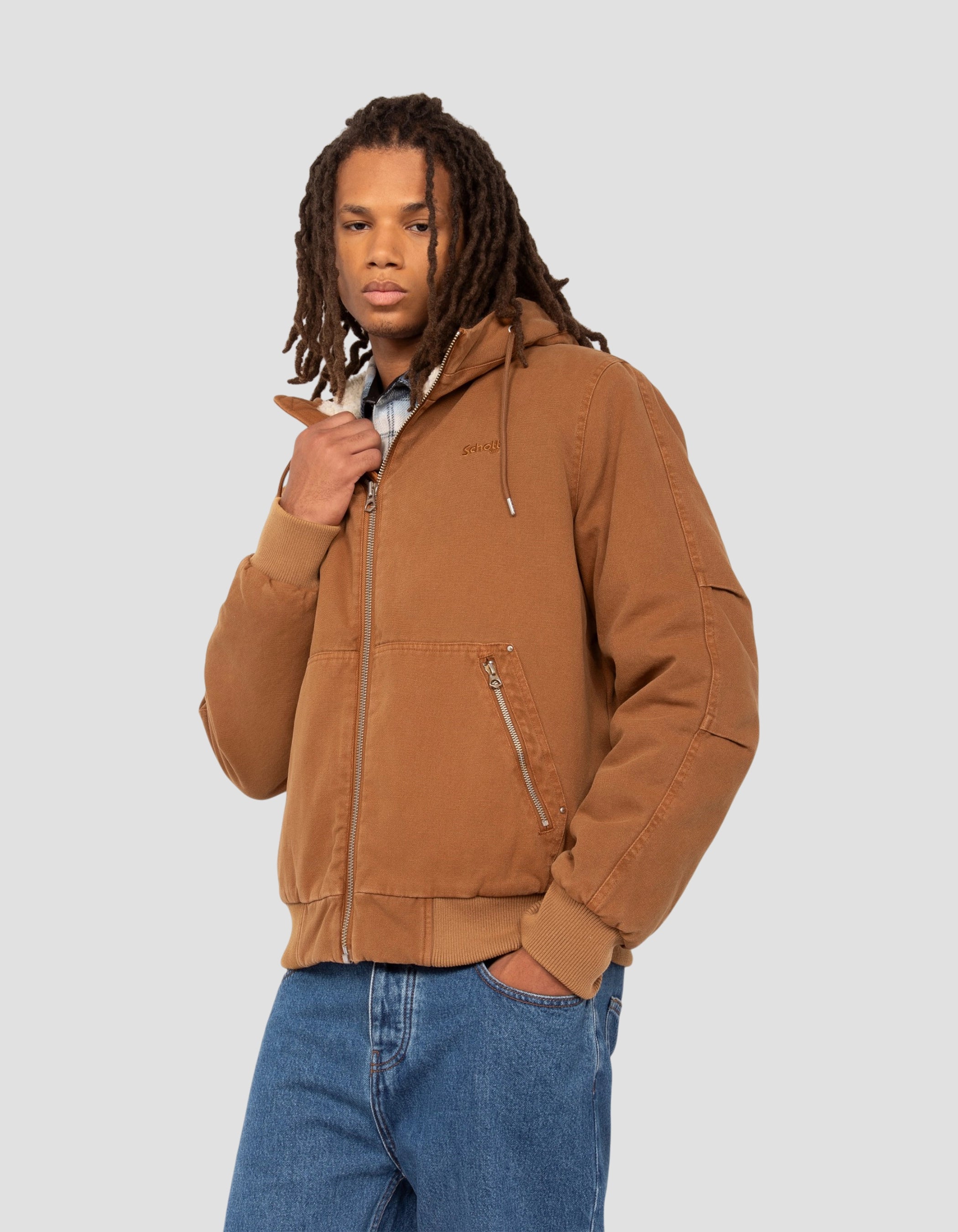 Lined camel hooded canvas worker jacket sherpa-4