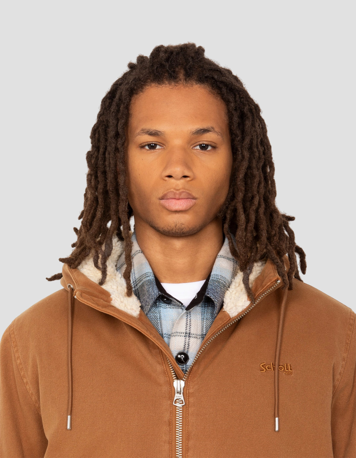 Lined camel hooded canvas worker jacket sherpa
