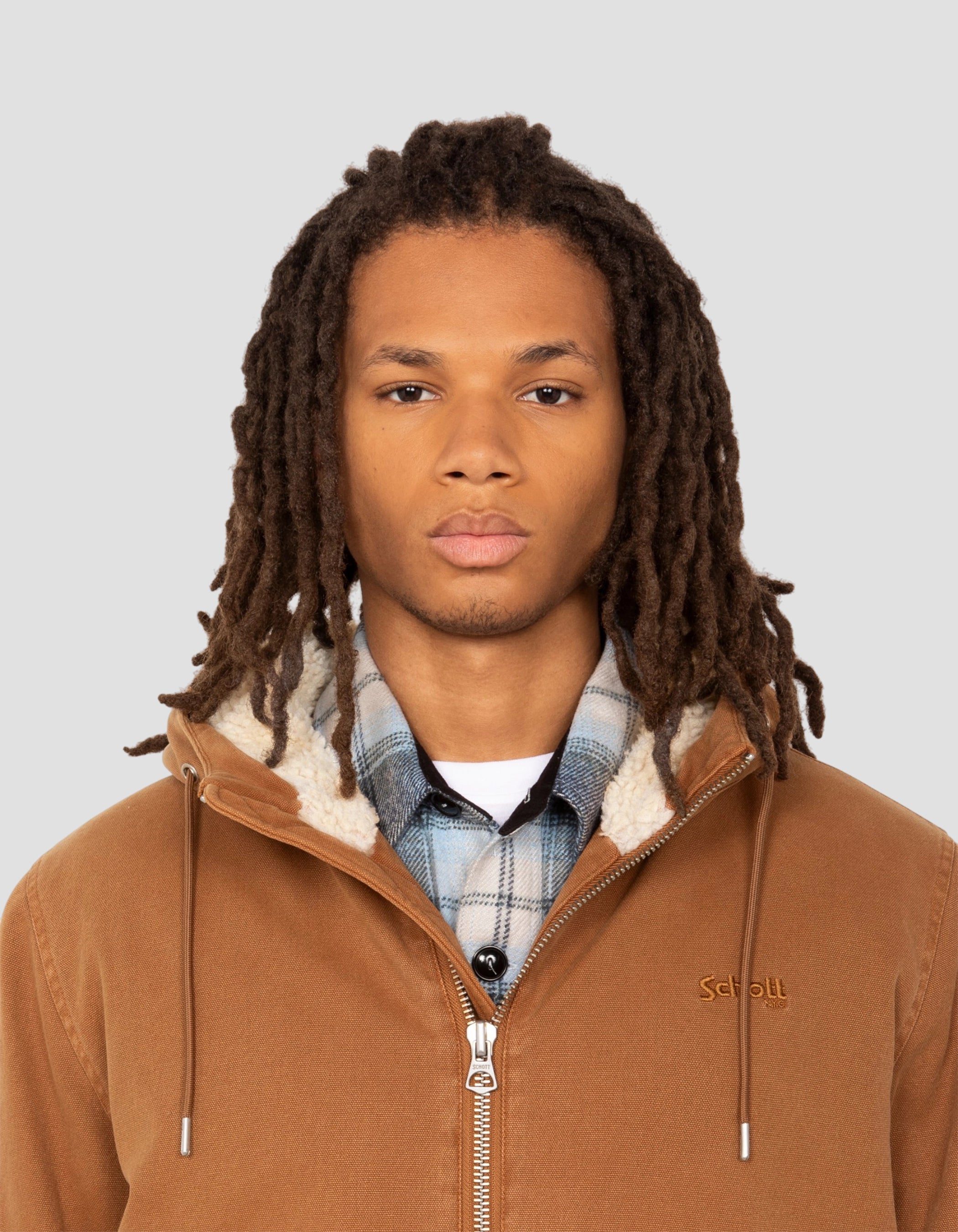Lined camel hooded canvas worker jacket sherpa-5